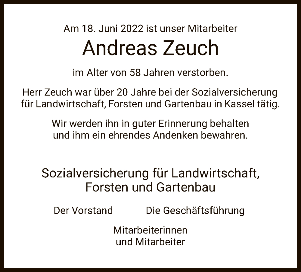  Traueranzeige für Andreas Zeuch vom 06.07.2022 aus WRS