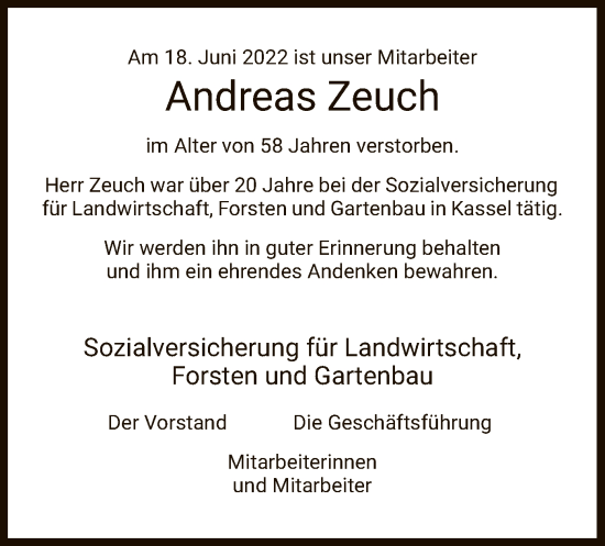 Traueranzeige von Andreas Zeuch von WRS