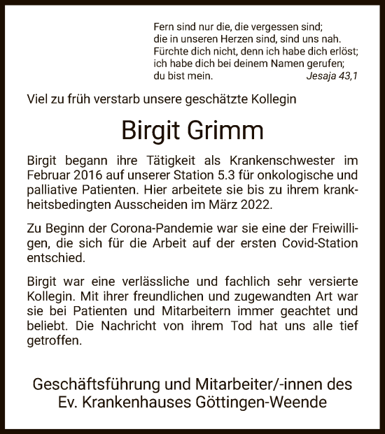 Traueranzeige von Birgit Grimm von WRS