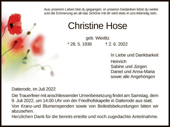 Traueranzeige von Christine Hose von WRS