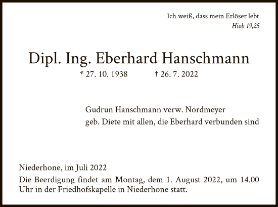 Traueranzeige von Eberhard Hanschmann von WRS