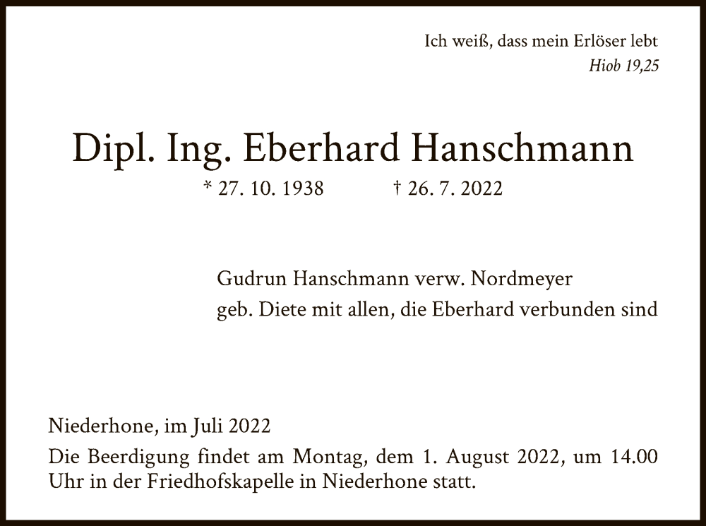  Traueranzeige für Eberhard Hanschmann vom 30.07.2022 aus WRS