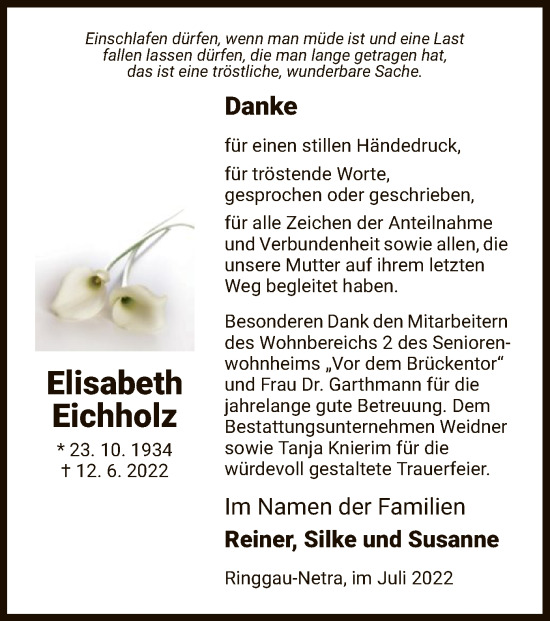 Traueranzeige von Elisabeth Eichholz von WRS