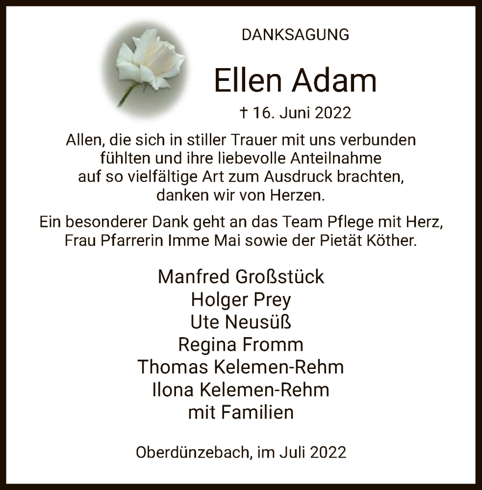  Traueranzeige für Ellen Adam vom 16.07.2022 aus WRS