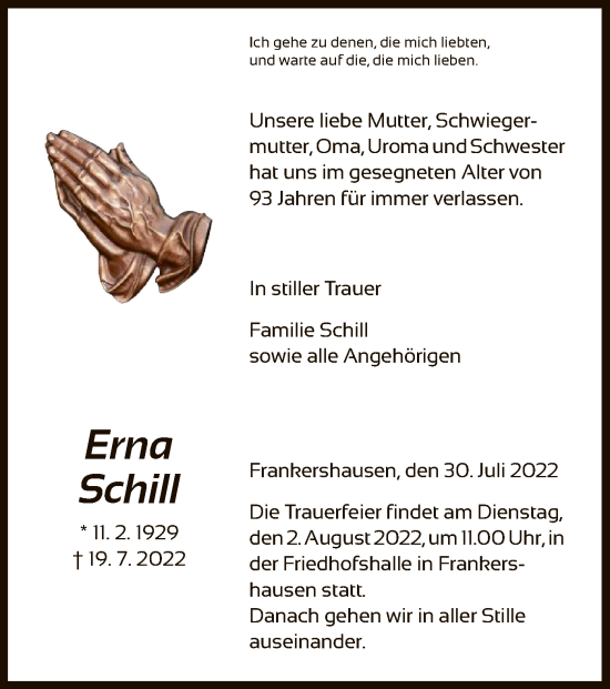 Traueranzeige von Erna Schill von WRS