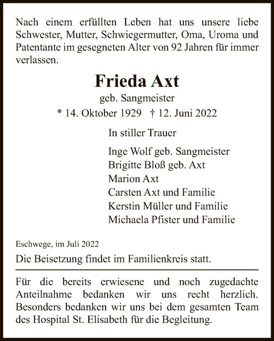 Traueranzeige von Frieda Axt von WRS