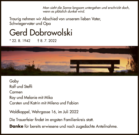 Traueranzeige von Gerd Dobrowolski von WRS