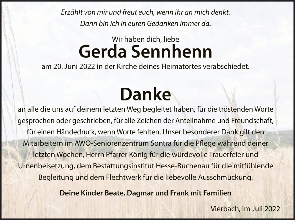  Traueranzeige für Gerda Sennhenn vom 16.07.2022 aus WRS