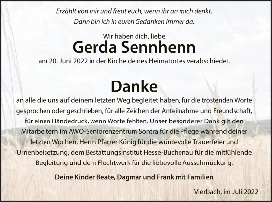 Traueranzeige von Gerda Sennhenn von WRS