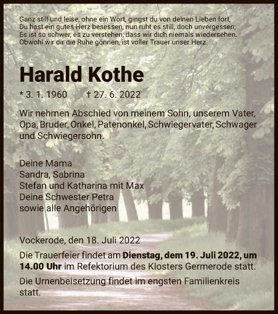 Traueranzeige von Harald Kothe von WRS