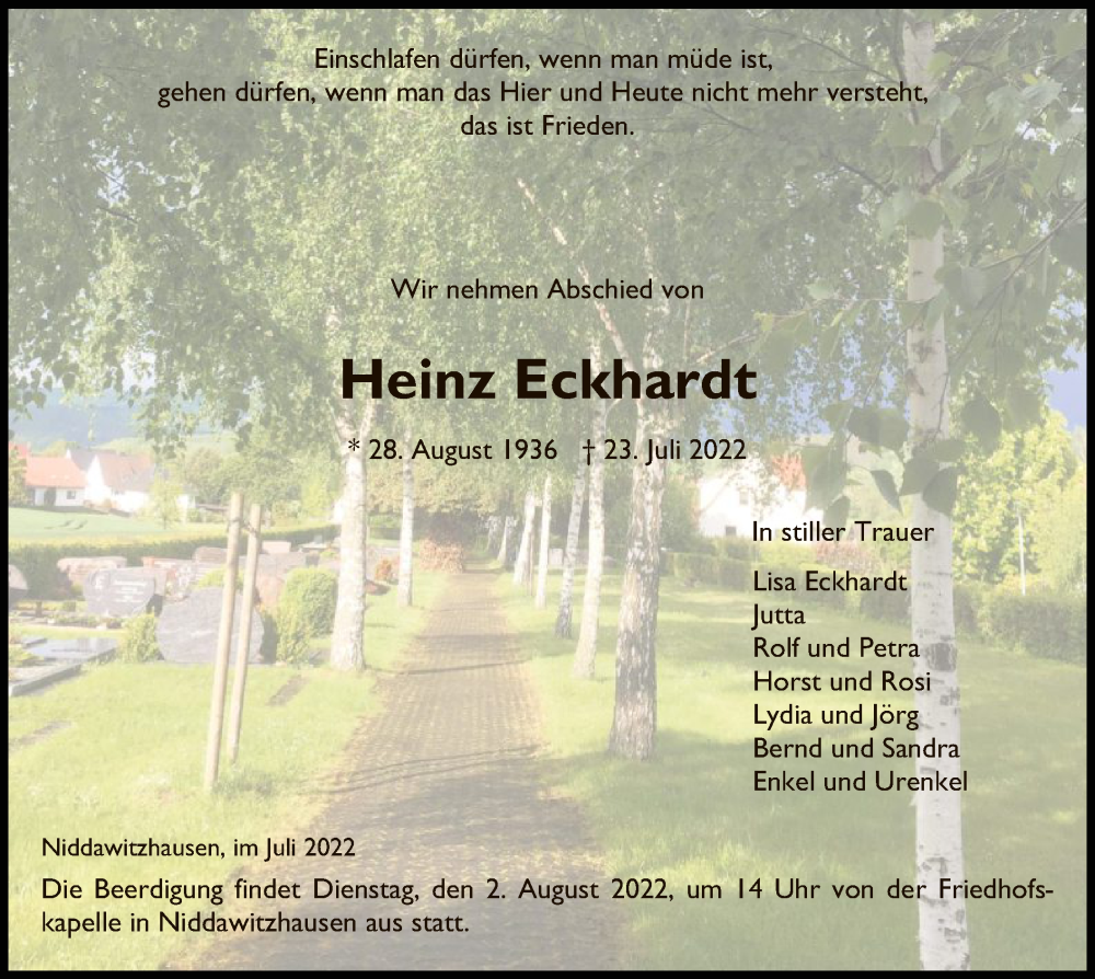  Traueranzeige für Heinz Eckhardt vom 30.07.2022 aus WRS