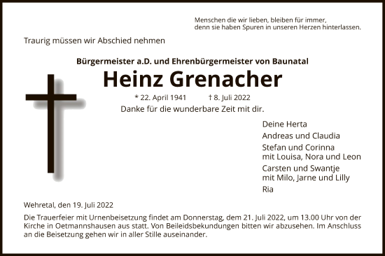 Traueranzeige von Heinz Grenacher von WRS