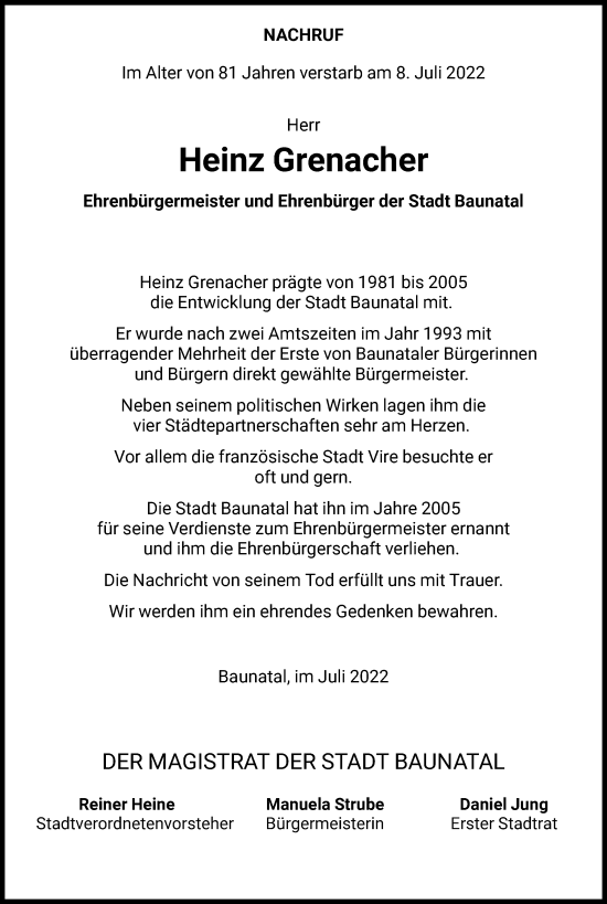 Traueranzeige von Heinz Grenacher von HNA