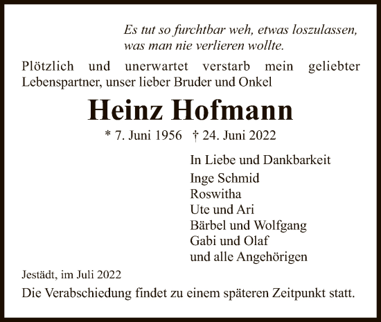 Traueranzeige von Heinz Hofmann von WRS