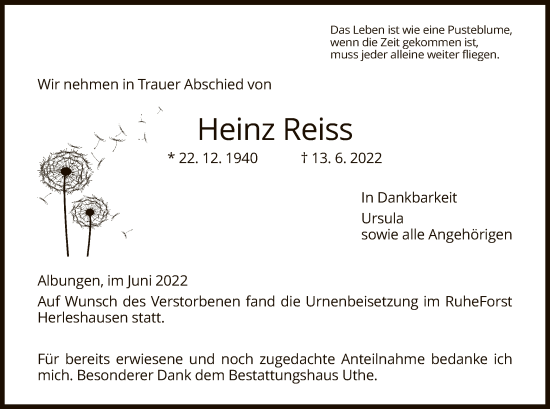 Traueranzeige von Heinz Reiss von WRS