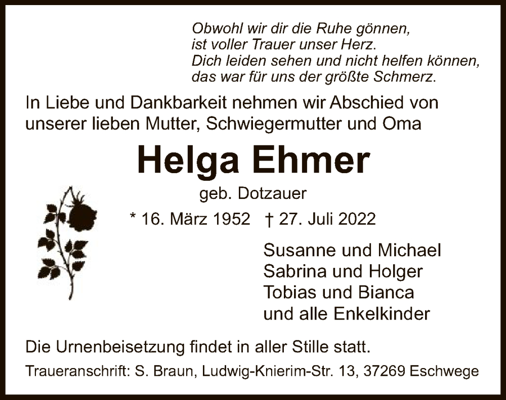  Traueranzeige für Helga Ehmer vom 30.07.2022 aus WRS