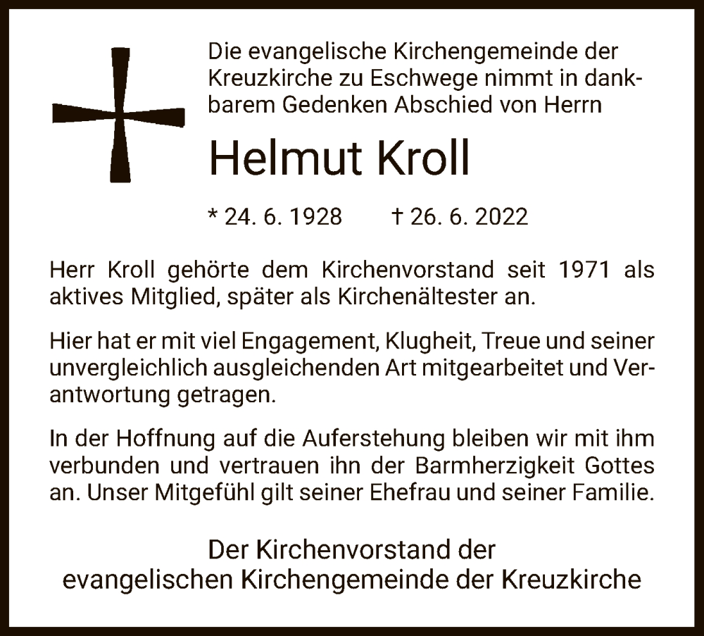  Traueranzeige für Helmut Kroll vom 14.07.2022 aus WRS