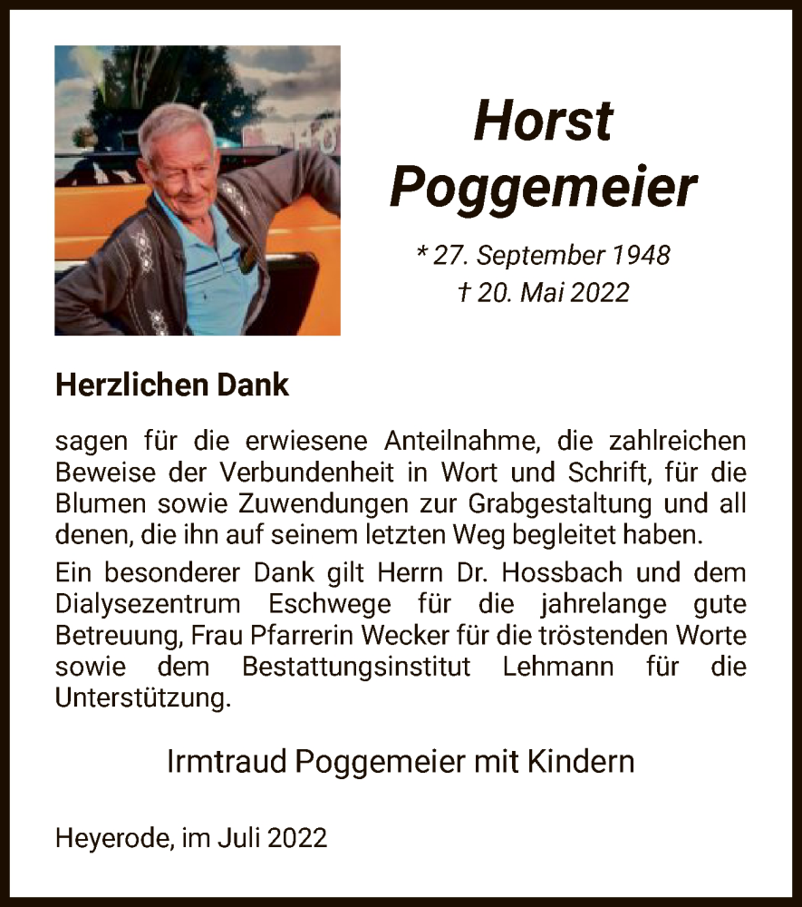  Traueranzeige für Horst Poggemeier vom 09.07.2022 aus WRS