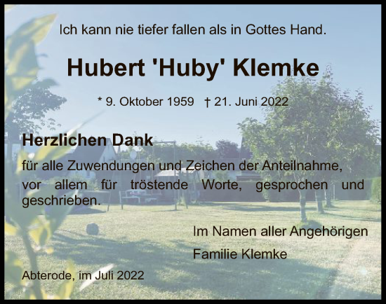 Traueranzeige von Hubert Klemke von WRS