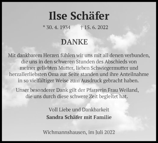 Traueranzeige von Ilse Schäfer von WRS