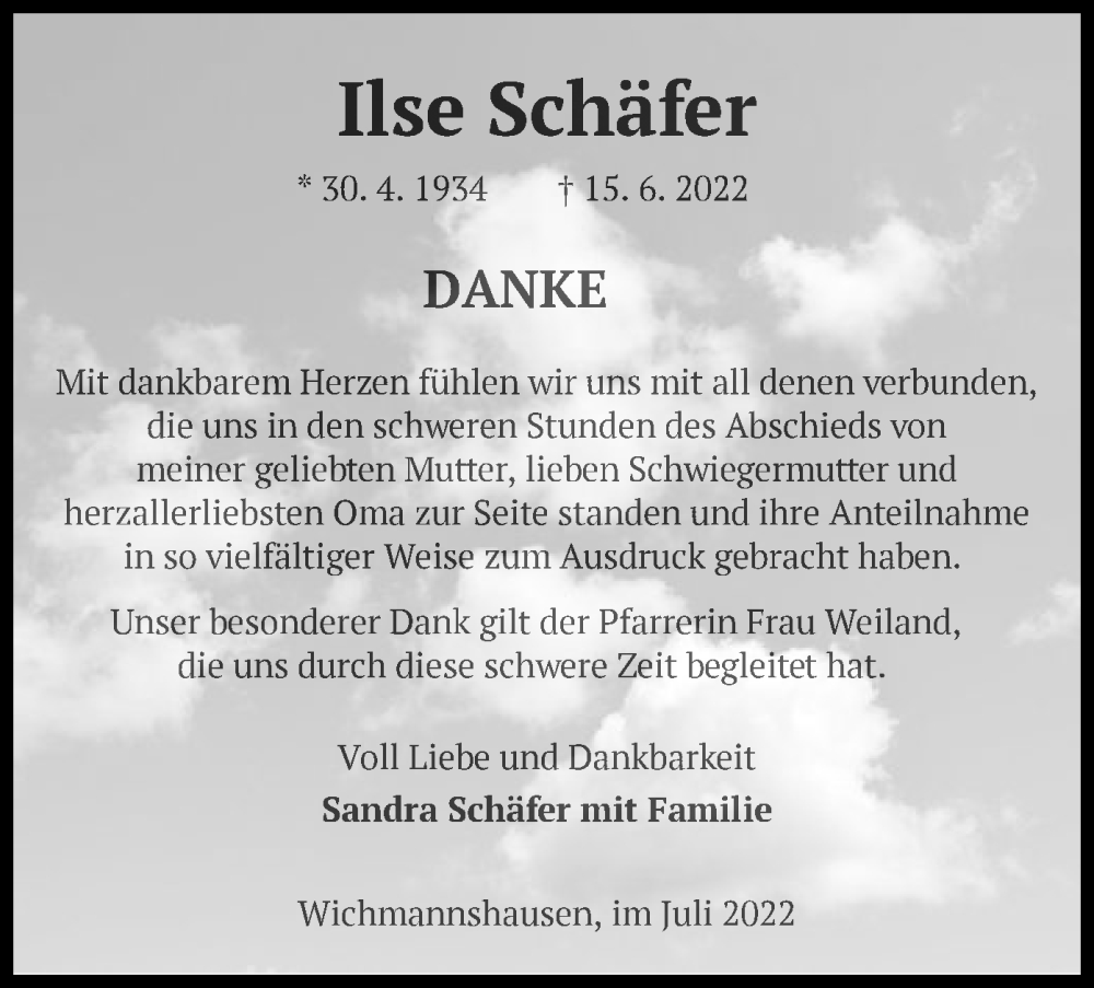  Traueranzeige für Ilse Schäfer vom 16.07.2022 aus WRS