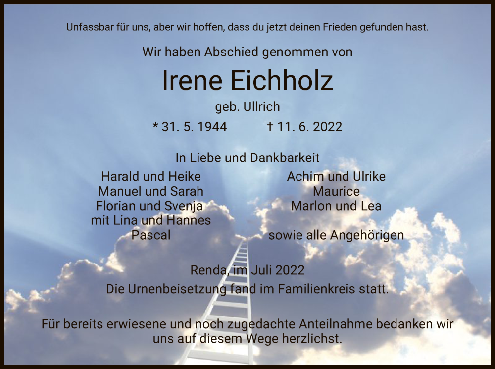  Traueranzeige für Irene Eichholz vom 04.07.2022 aus WRS