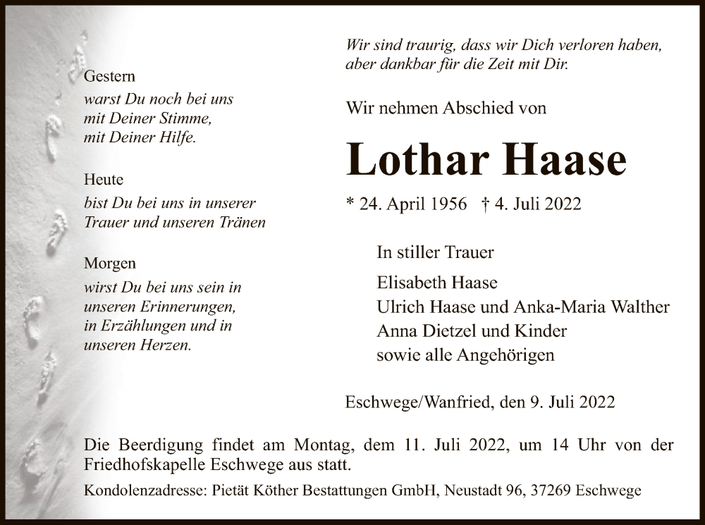  Traueranzeige für Lothar Haase vom 09.07.2022 aus WRS