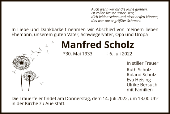 Traueranzeige von Manfred Scholz von WRS