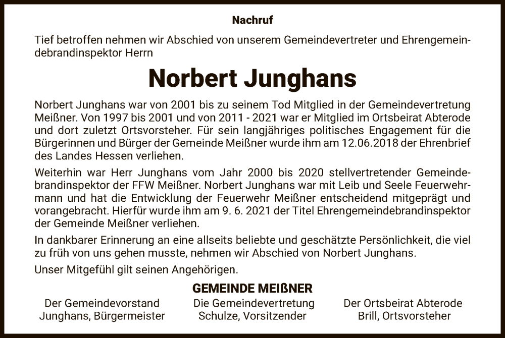  Traueranzeige für Norbert Junghans vom 16.07.2022 aus WRS