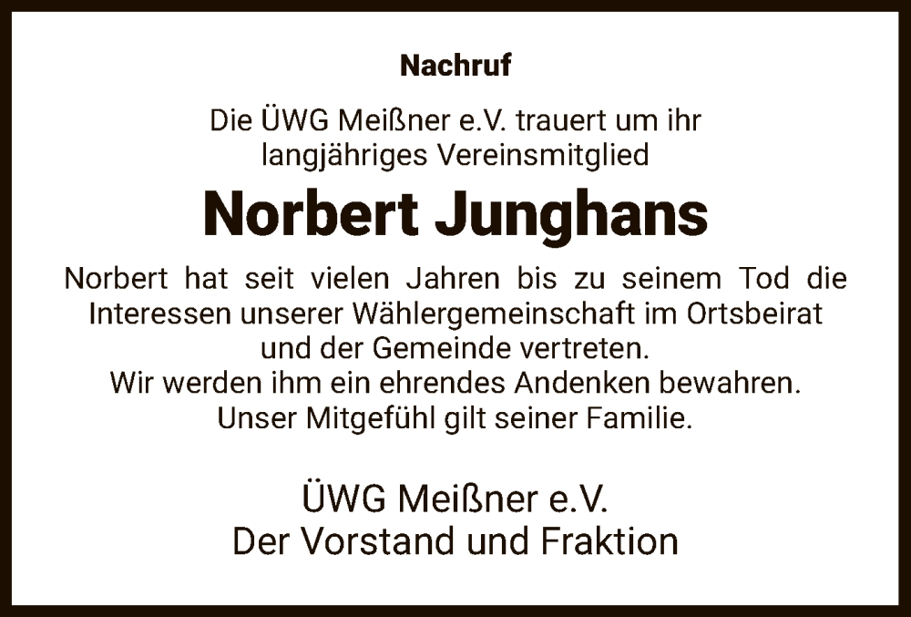  Traueranzeige für Norbert Junghans vom 16.07.2022 aus WRS