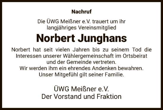 Traueranzeige von Norbert Junghans von WRS