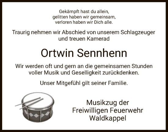 Traueranzeige von Ortwin Sennhenn von WRS