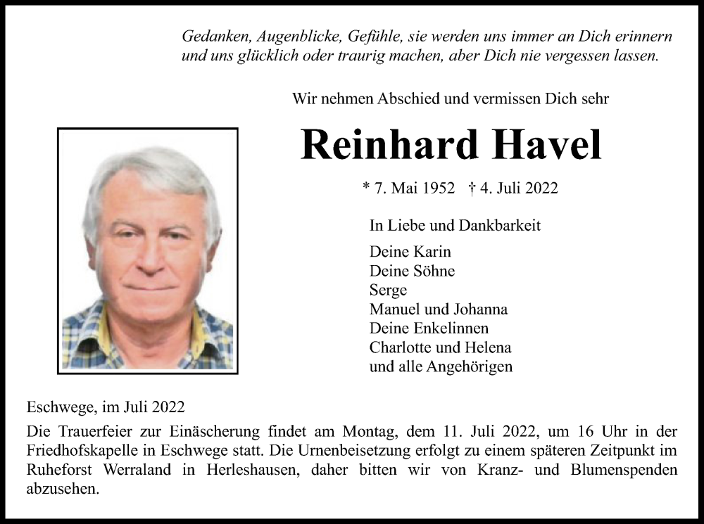  Traueranzeige für Reinhard Havel vom 09.07.2022 aus WRS