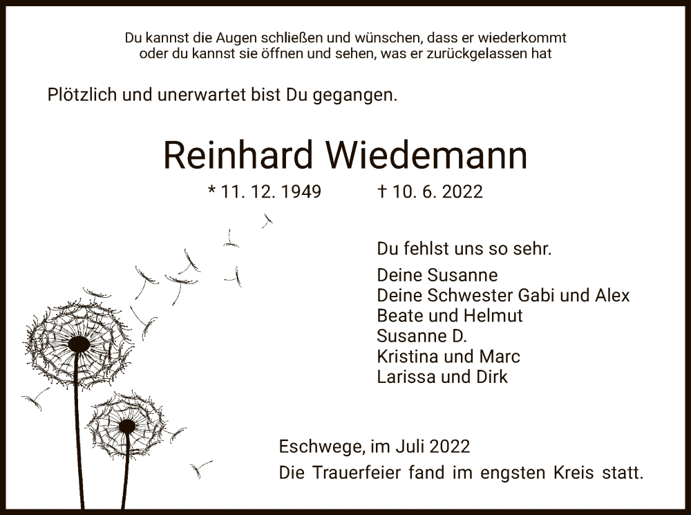  Traueranzeige für Reinhard Wiedemann vom 02.07.2022 aus WRS