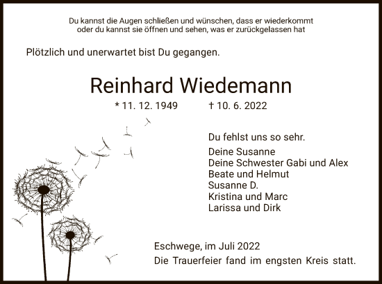 Traueranzeige von Reinhard Wiedemann von WRS