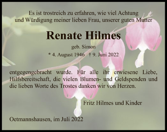 Traueranzeige von Renate Hilmes von WRS