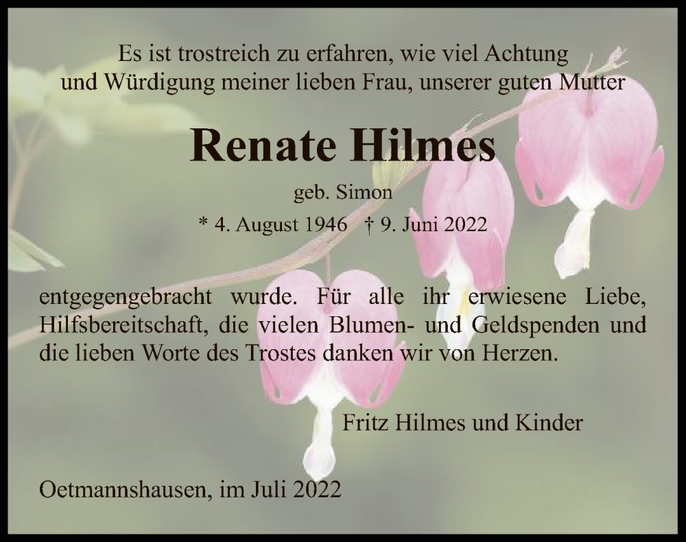  Traueranzeige für Renate Hilmes vom 09.07.2022 aus WRS