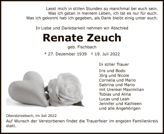 Traueranzeige von Renate Zeuch von WRS