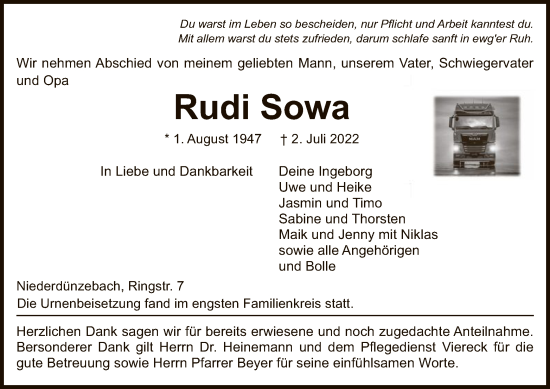 Traueranzeige von Rudi Sowa von WRS