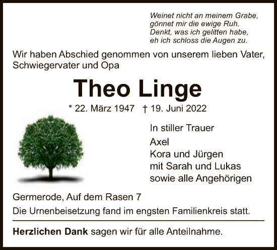 Traueranzeige von Theo Linge von WRS