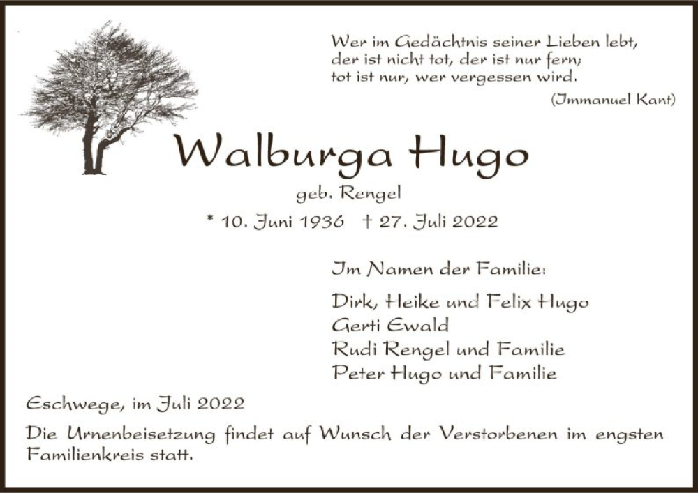  Traueranzeige für Walburga Hugo vom 30.07.2022 aus WRS