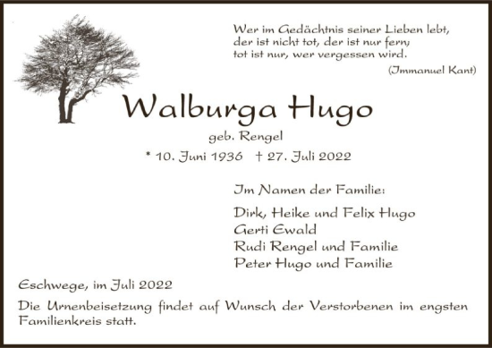 Traueranzeige von Walburga Hugo von WRS