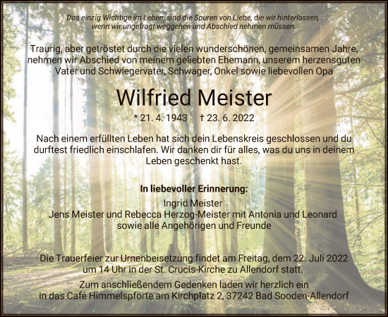 Traueranzeige von Wilfried Meister von HNA