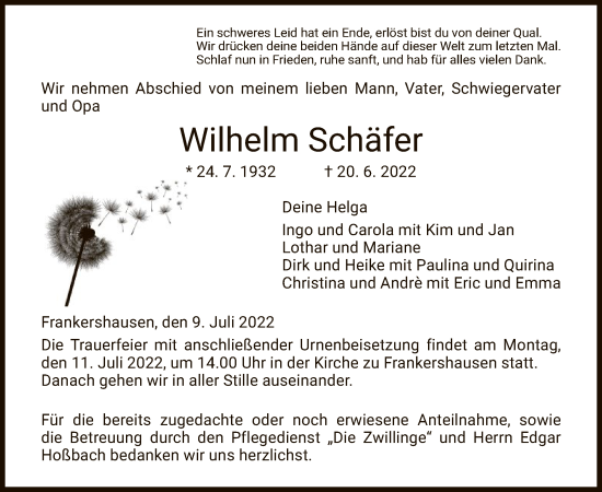 Traueranzeige von Wilhelm Schäfer von WRS