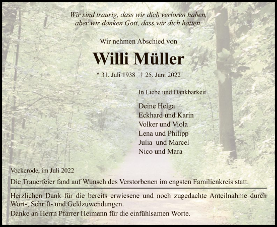 Traueranzeige von Willi Müller von WRS