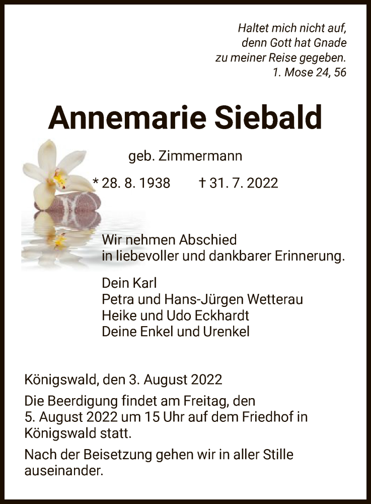  Traueranzeige für Annemarie Siebald vom 03.08.2022 aus HNA