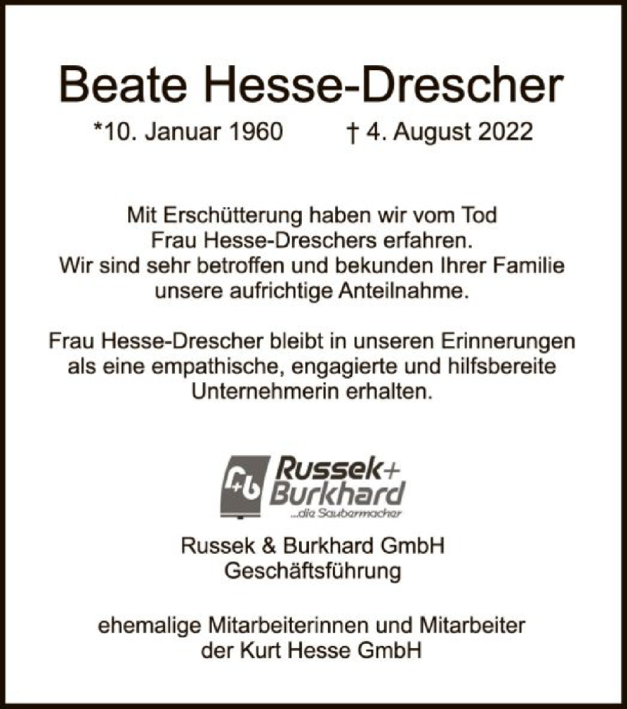  Traueranzeige für Beate Hesse-Drescher vom 10.08.2022 aus WRS