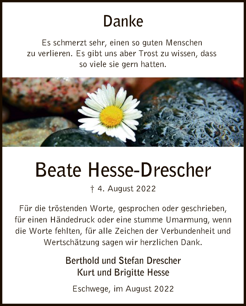  Traueranzeige für Beate Hesse-Drescher vom 20.08.2022 aus WRS