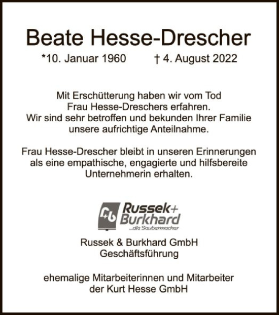 Traueranzeige von Beate Hesse-Drescher von WRS