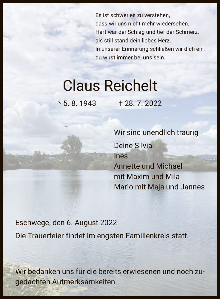  Traueranzeige für Claus Reichelt vom 06.08.2022 aus WRS